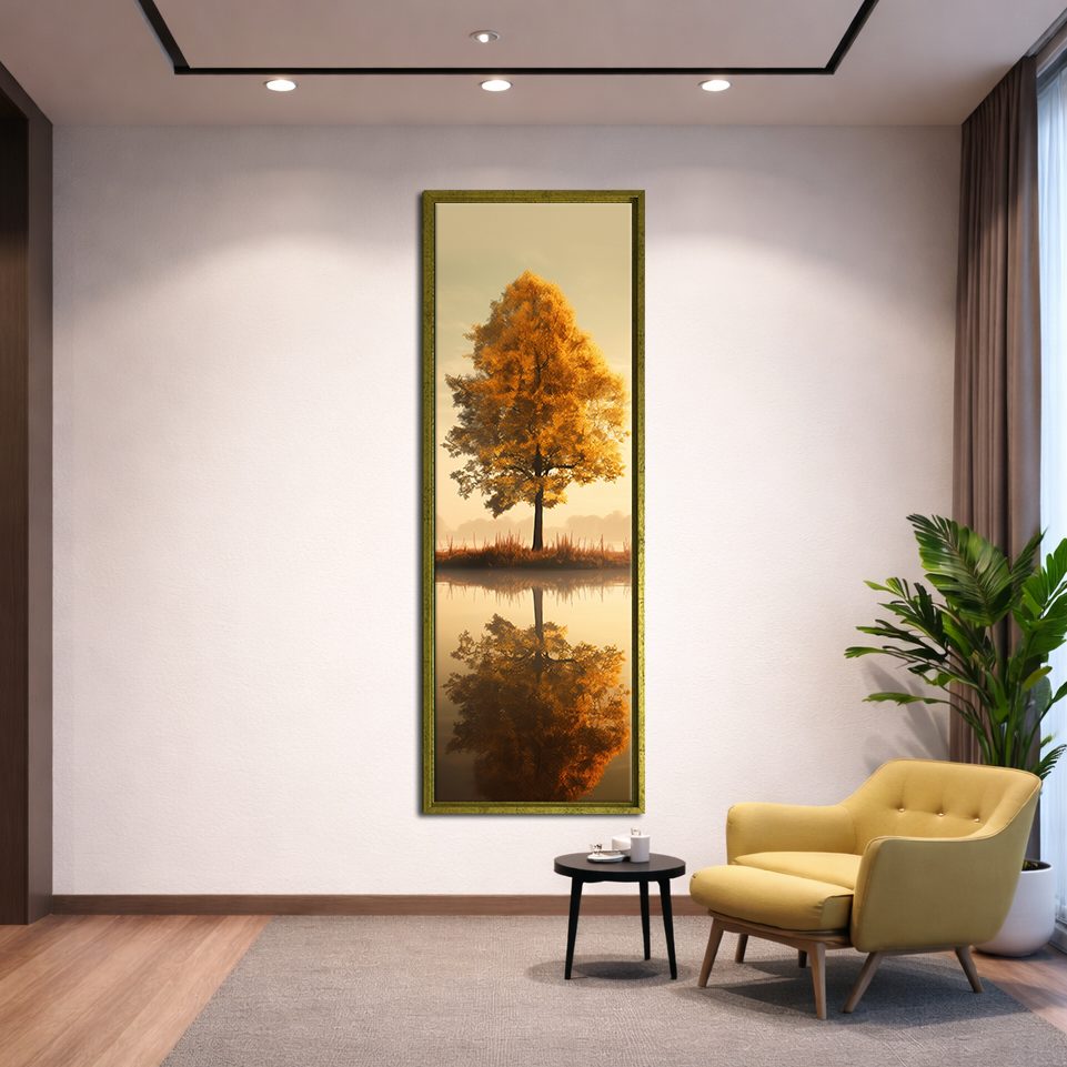 Autumn Tree Lake Reflection canvas wall art, gold floating frame