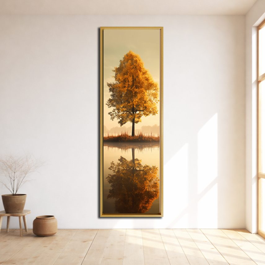 Autumn Tree Lake Reflection canvas wall art, natural wood floating frame