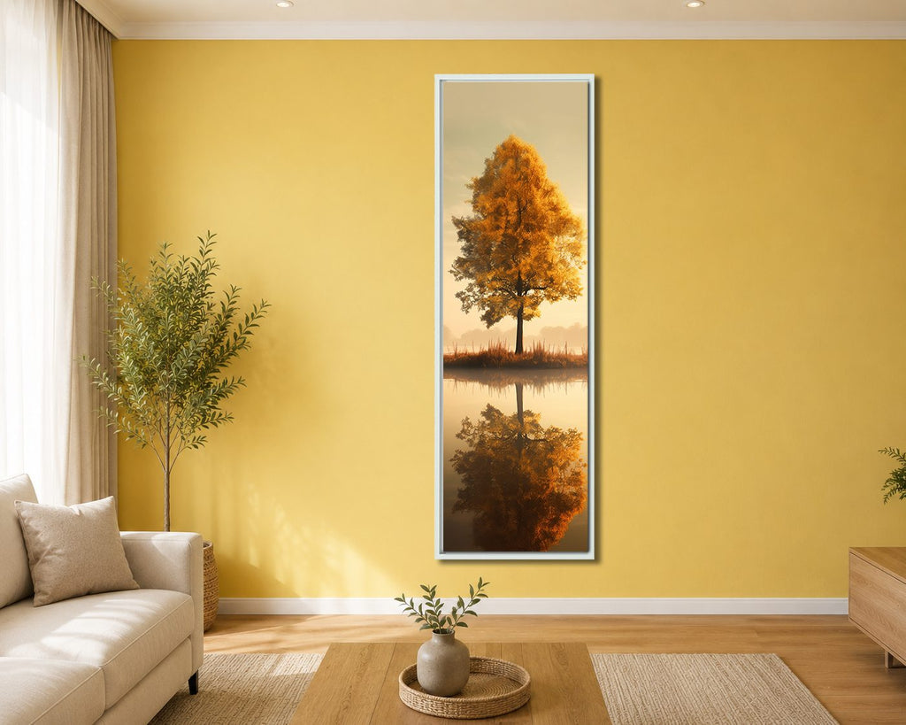 Autumn Tree Lake Reflection canvas wall art, white floating frame