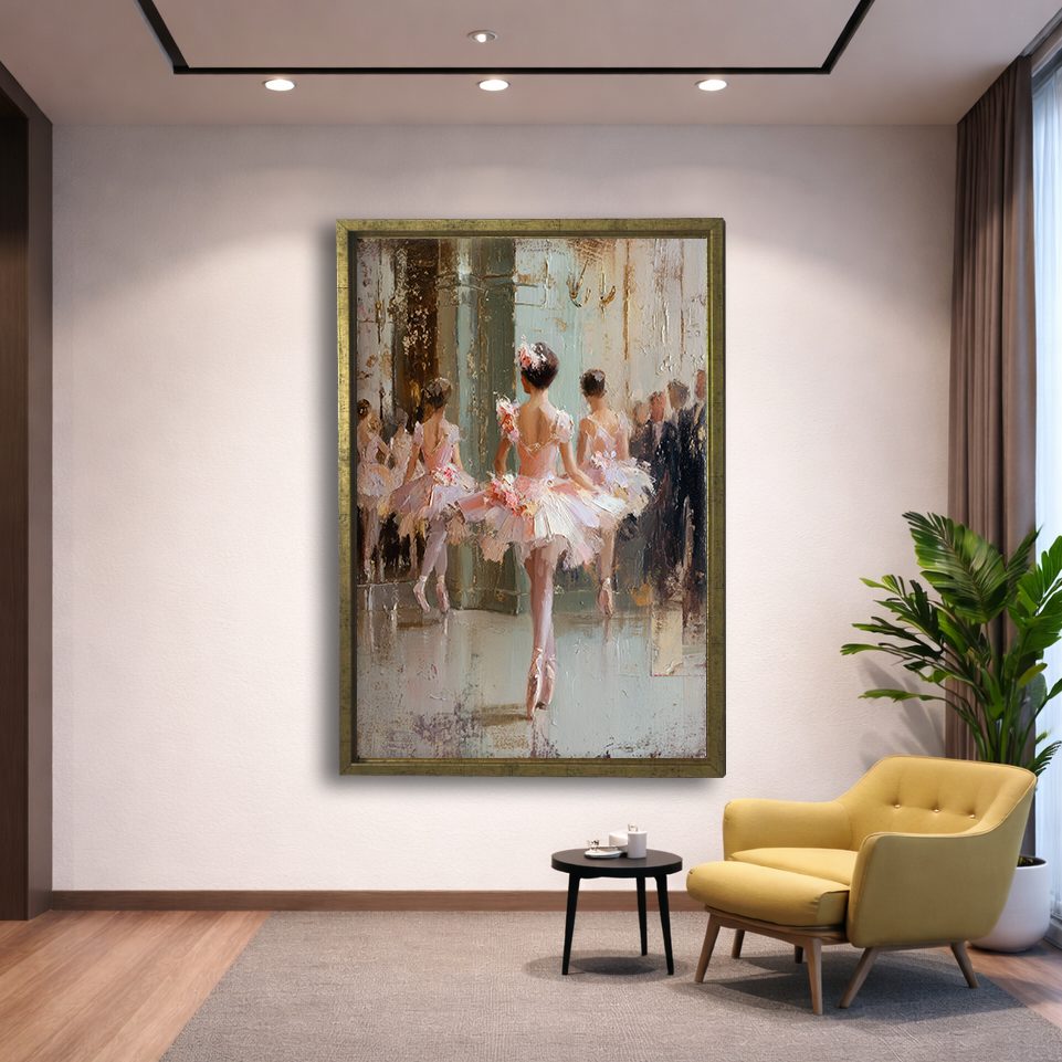 Ballerinas in Pink Tutus canvas wall art, gold floating frame