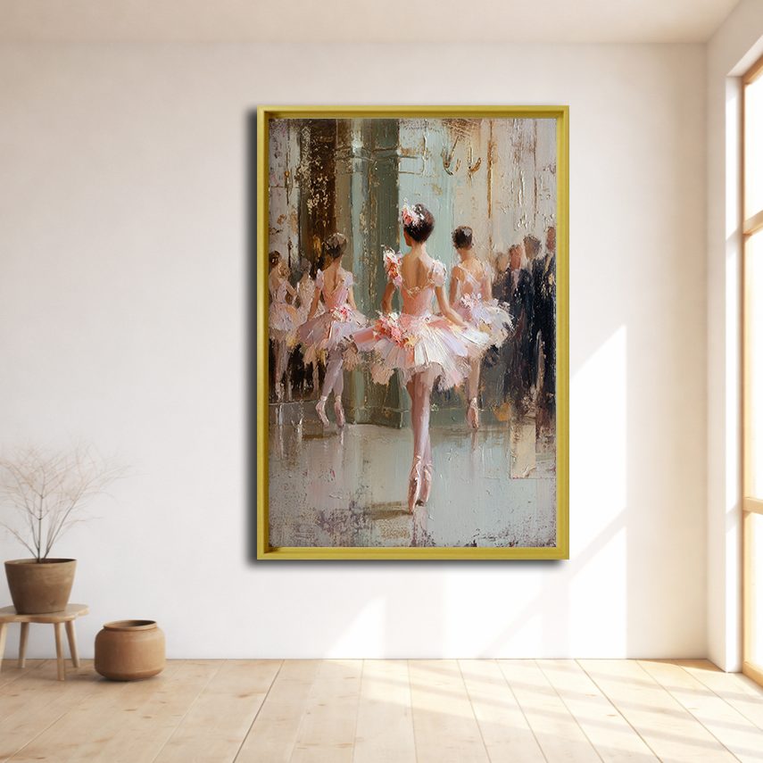 Ballerinas in Pink Tutus canvas wall art, natural wood floating frame