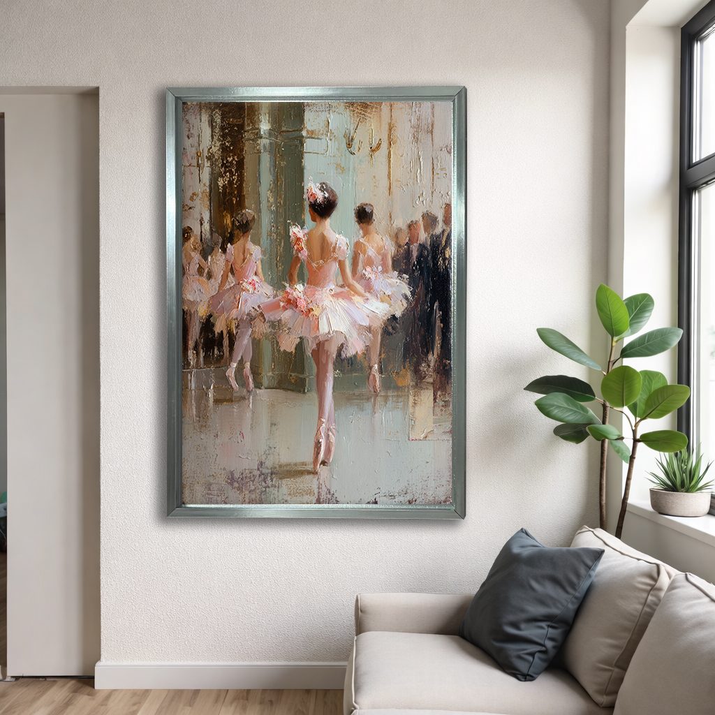 Ballerinas in Pink Tutus canvas wall art, silver floating frame