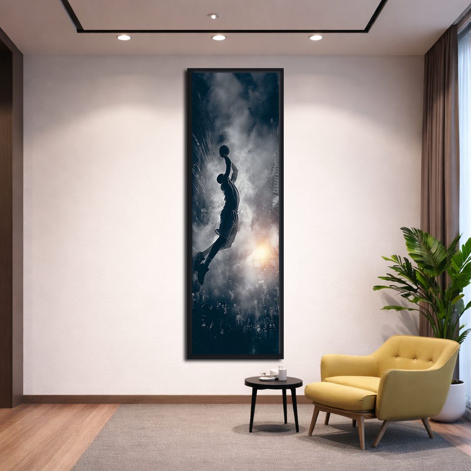 Basketball Slam Dunk Silhouette canvas wall art, black floating frame