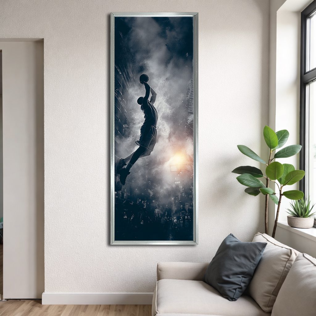 Basketball Slam Dunk Silhouette canvas wall art, silver floating frame