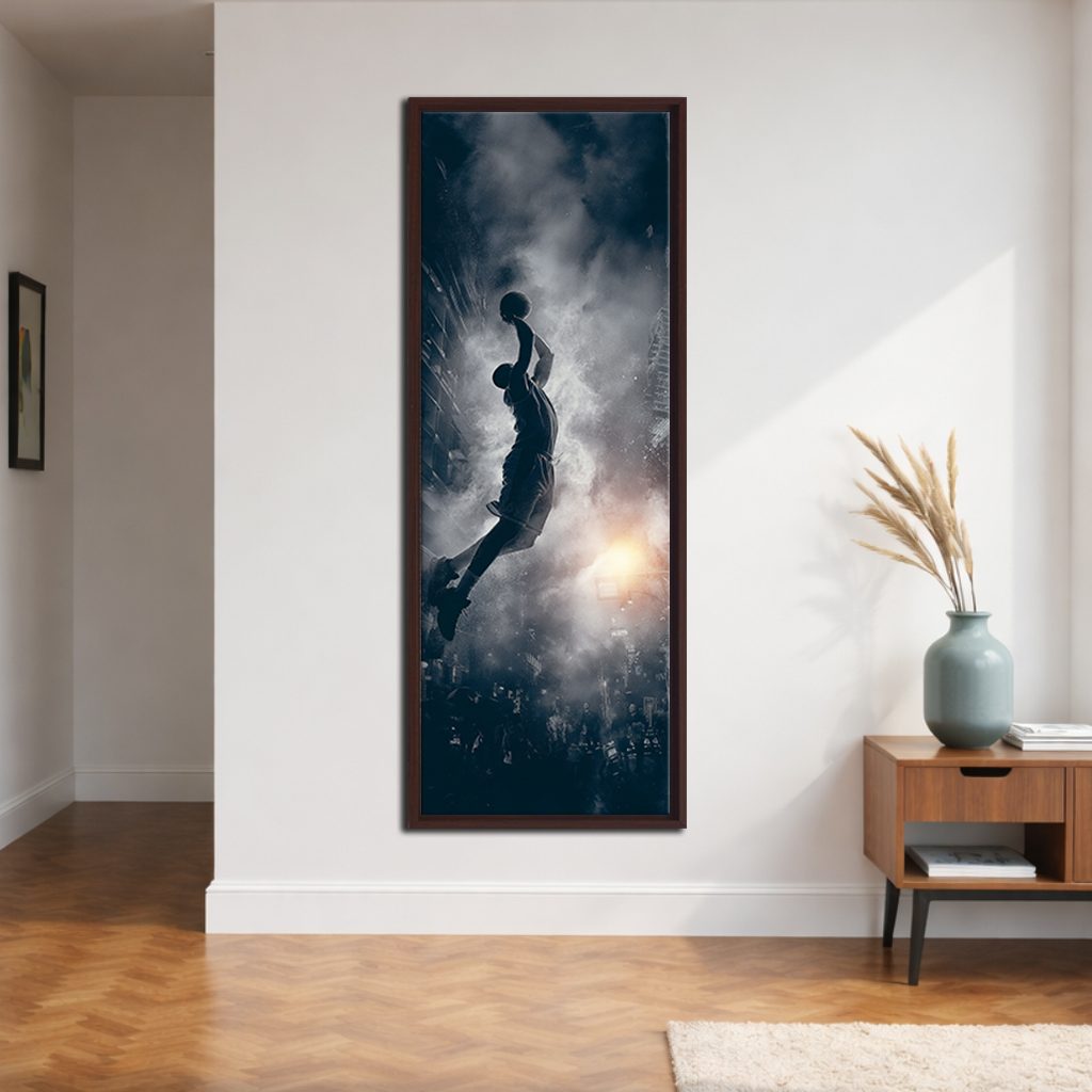 Basketball Slam Dunk Silhouette canvas wall art, walnut floating frame