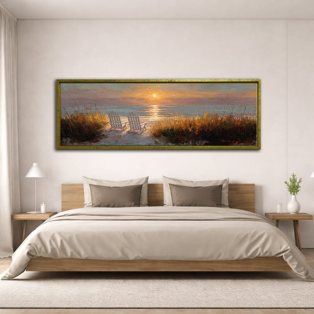 Beach Chairs at Sunset canvas wall art, antique gold floating frame