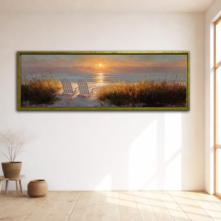 Beach Chairs at Sunset canvas wall art, gold floating frame