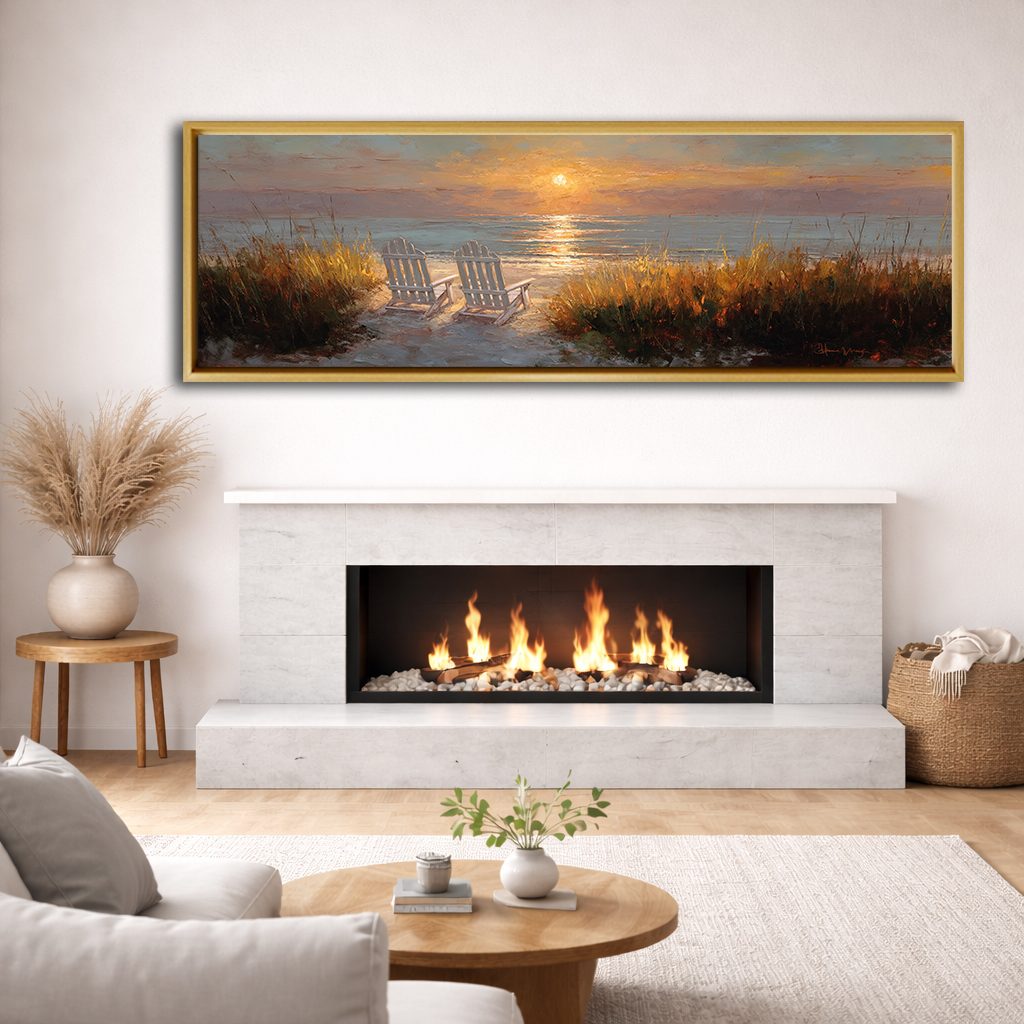 Beach Chairs at Sunset canvas wall art, natural wood floating frame