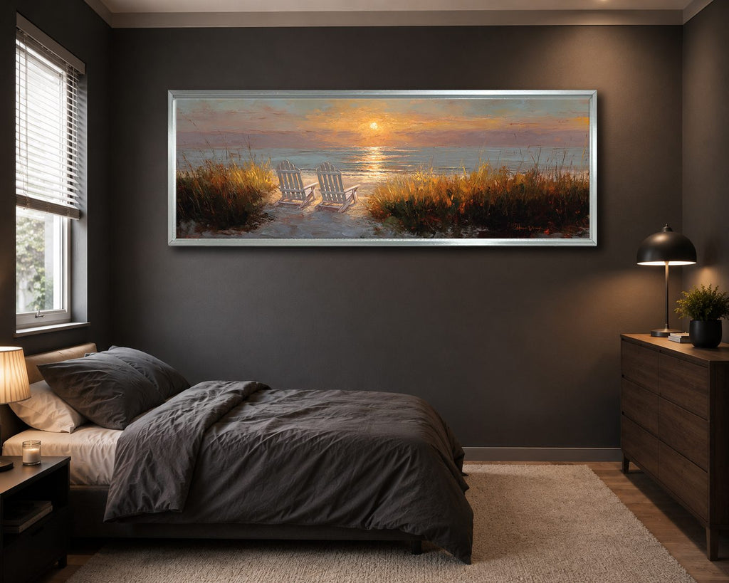 Beach Chairs at Sunset canvas wall art, silver floating frame
