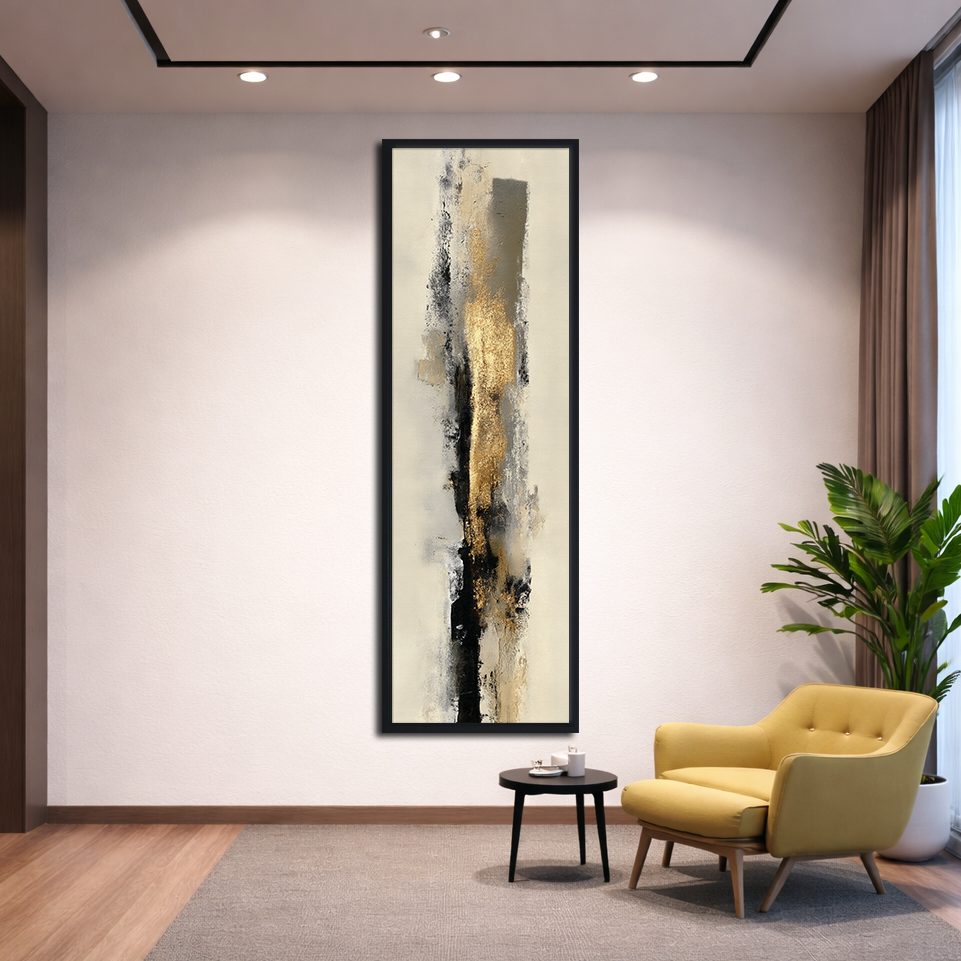 Beige Gold and Black Brushstroke Abstract canvas wall art, black floating frame