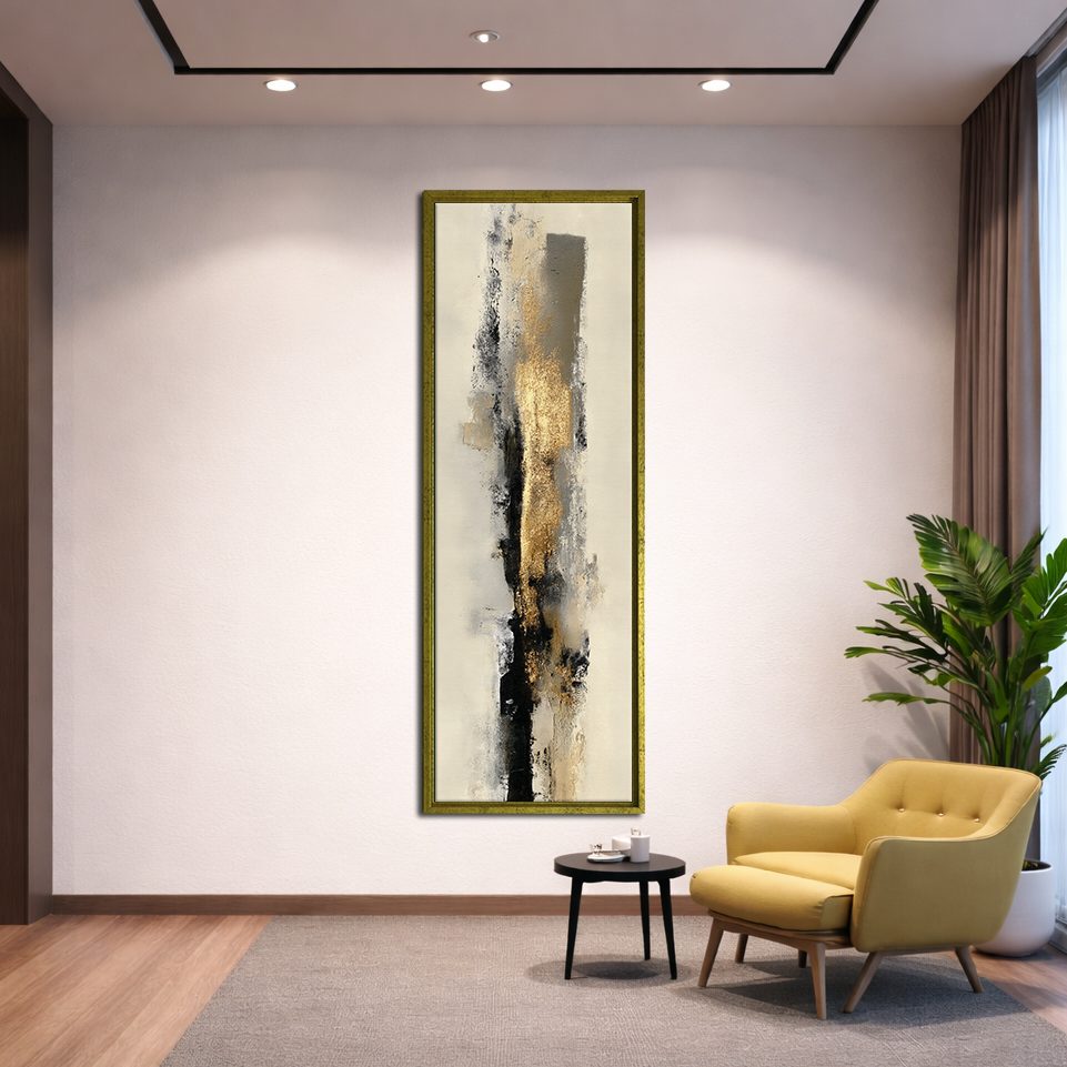 Beige Gold and Black Brushstroke Abstract canvas wall art, gold floating frame