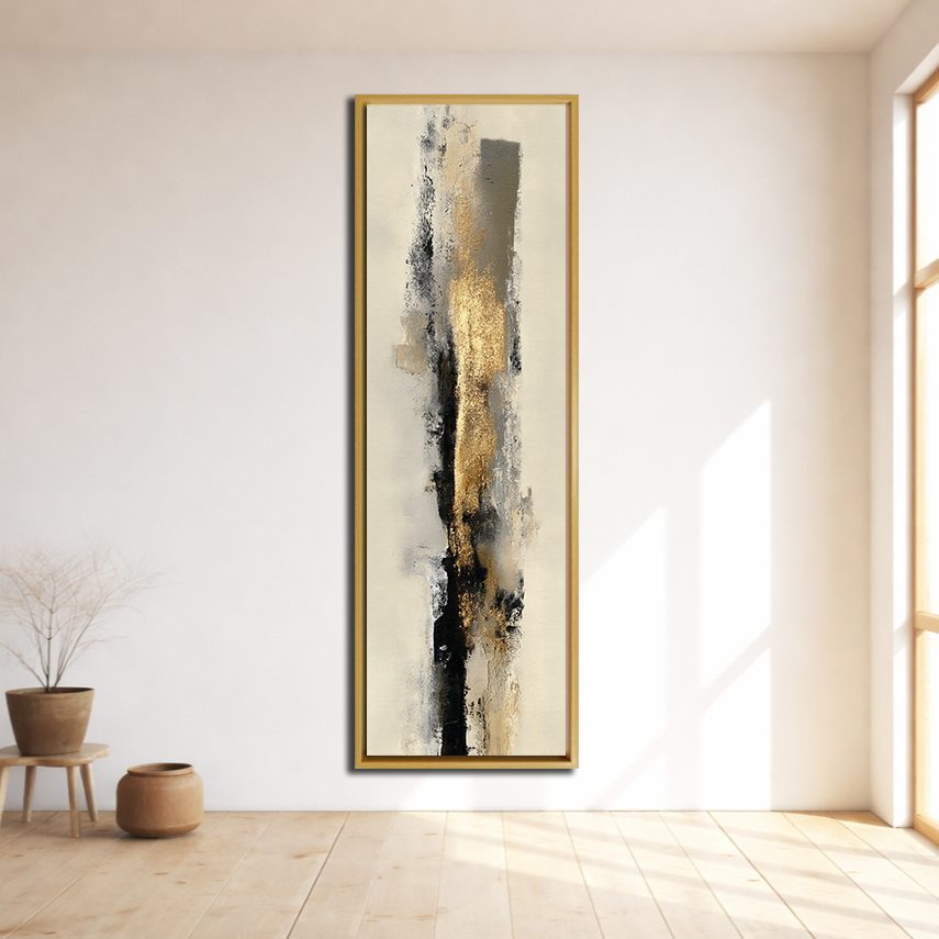 Beige Gold and Black Brushstroke Abstract canvas wall art, natural wood floating frame