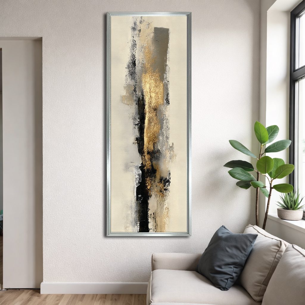Beige Gold and Black Brushstroke Abstract canvas wall art, silver floating frame