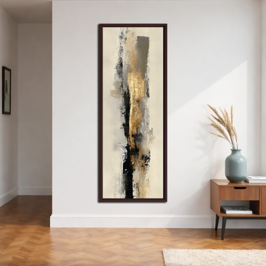 Beige Gold and Black Brushstroke Abstract canvas wall art, walnut floating frame