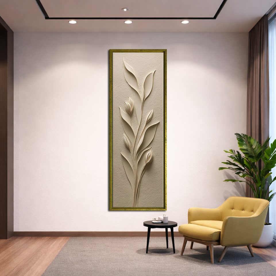 Beige Sculpted Tulip Botanical canvas wall art, gold floating frame