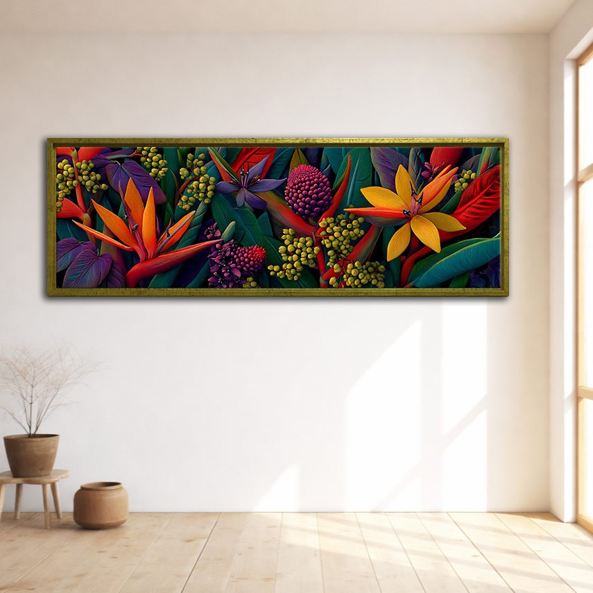 Bird of Paradise Tropical Flowers canvas wall art, gold floating frame