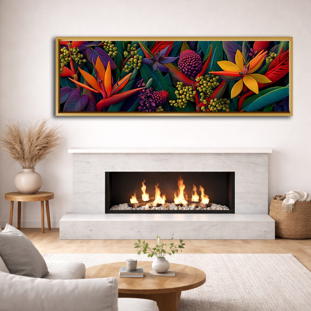 Bird of Paradise Tropical Flowers canvas wall art, natural wood floating frame