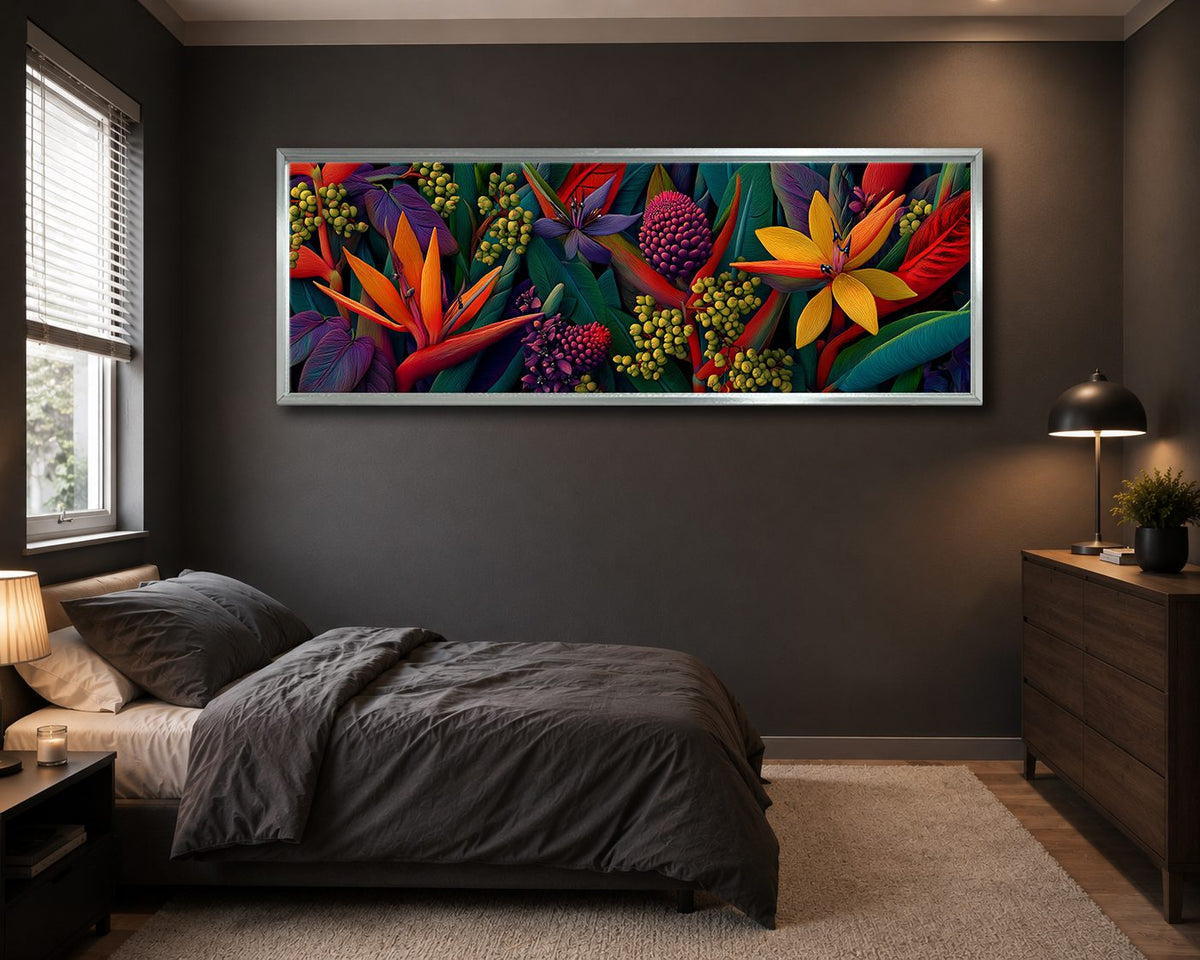 Bird of Paradise Tropical Flowers canvas wall art, silver floating frame