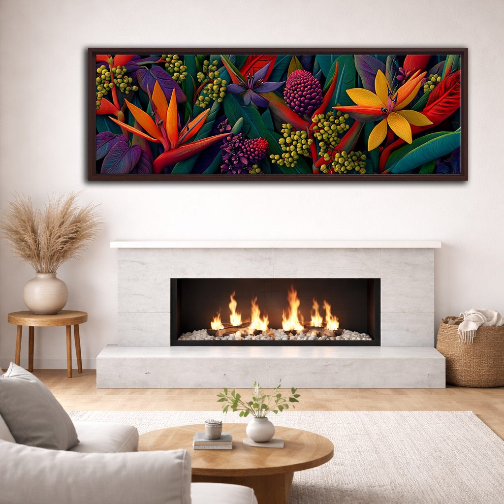 Bird of Paradise Tropical Flowers canvas wall art, walnut floating frame