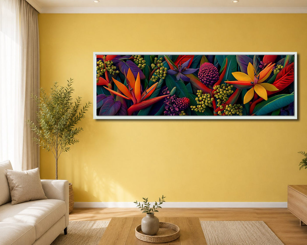 Bird of Paradise Tropical Flowers canvas wall art, white floating frame