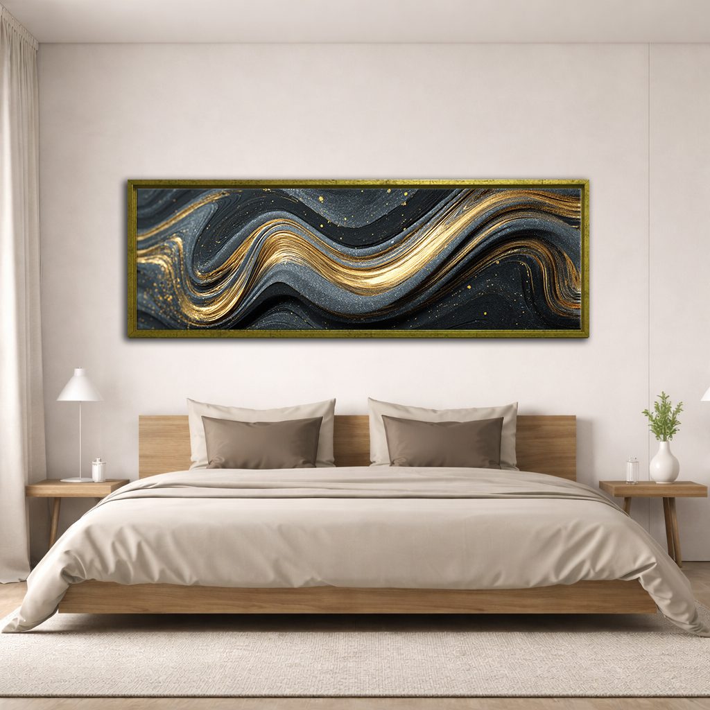 Black and Gold Marble Swirl Abstract canvas wall art, antique gold floating frame
