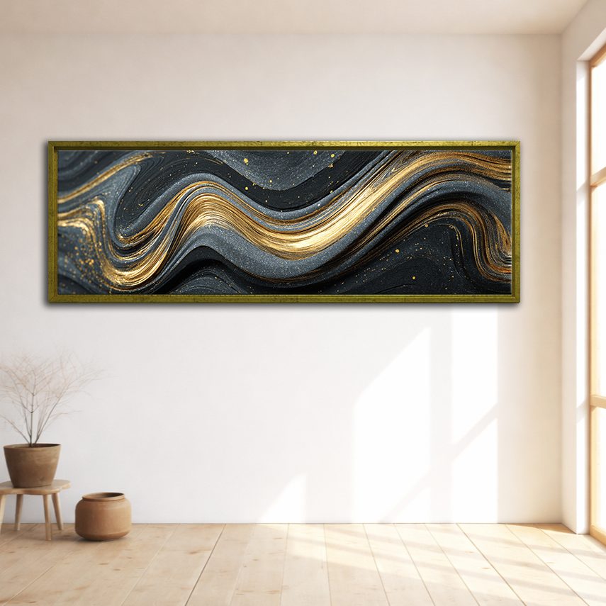 Black and Gold Marble Swirl Abstract canvas wall art, gold floating frame