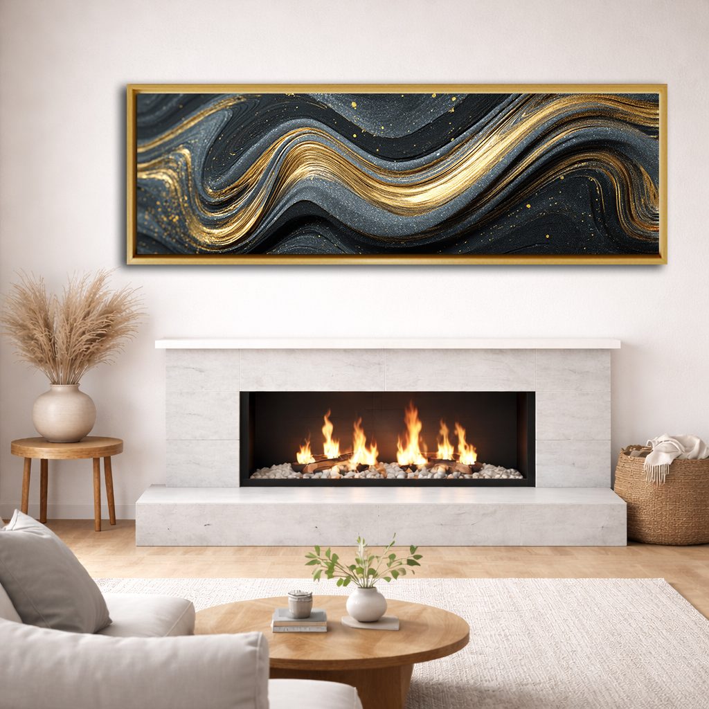 Black and Gold Marble Swirl Abstract canvas wall art, natural wood floating frame