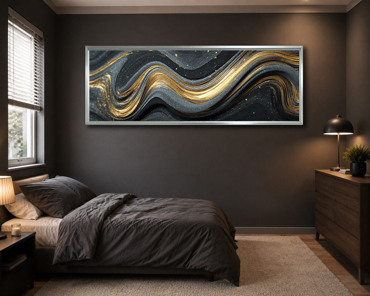 Black and Gold Marble Swirl Abstract canvas wall art, silver floating frame