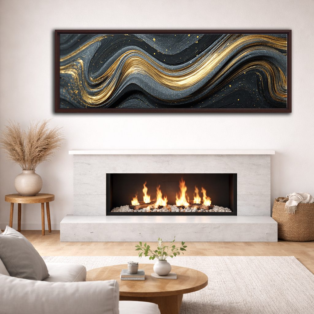 Black and Gold Marble Swirl Abstract canvas wall art, walnut floating frame