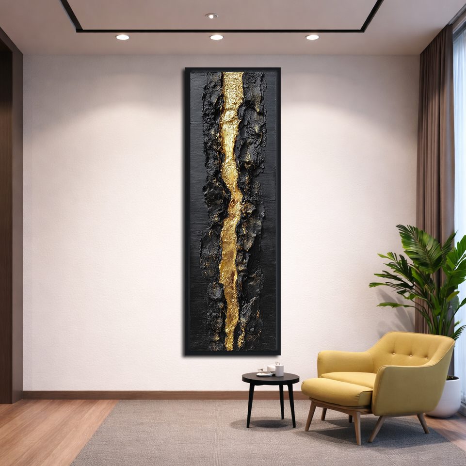 Black and Gold Textured Abstract canvas wall art, black floating frame