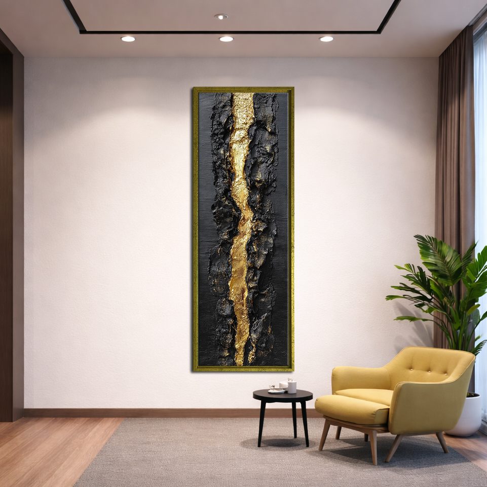 Black and Gold Textured Abstract canvas wall art, gold floating frame