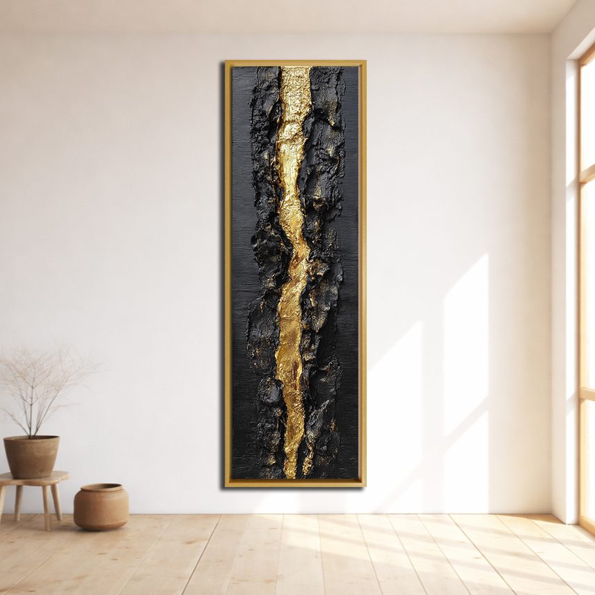 Black and Gold Textured Abstract canvas wall art, natural wood floating frame