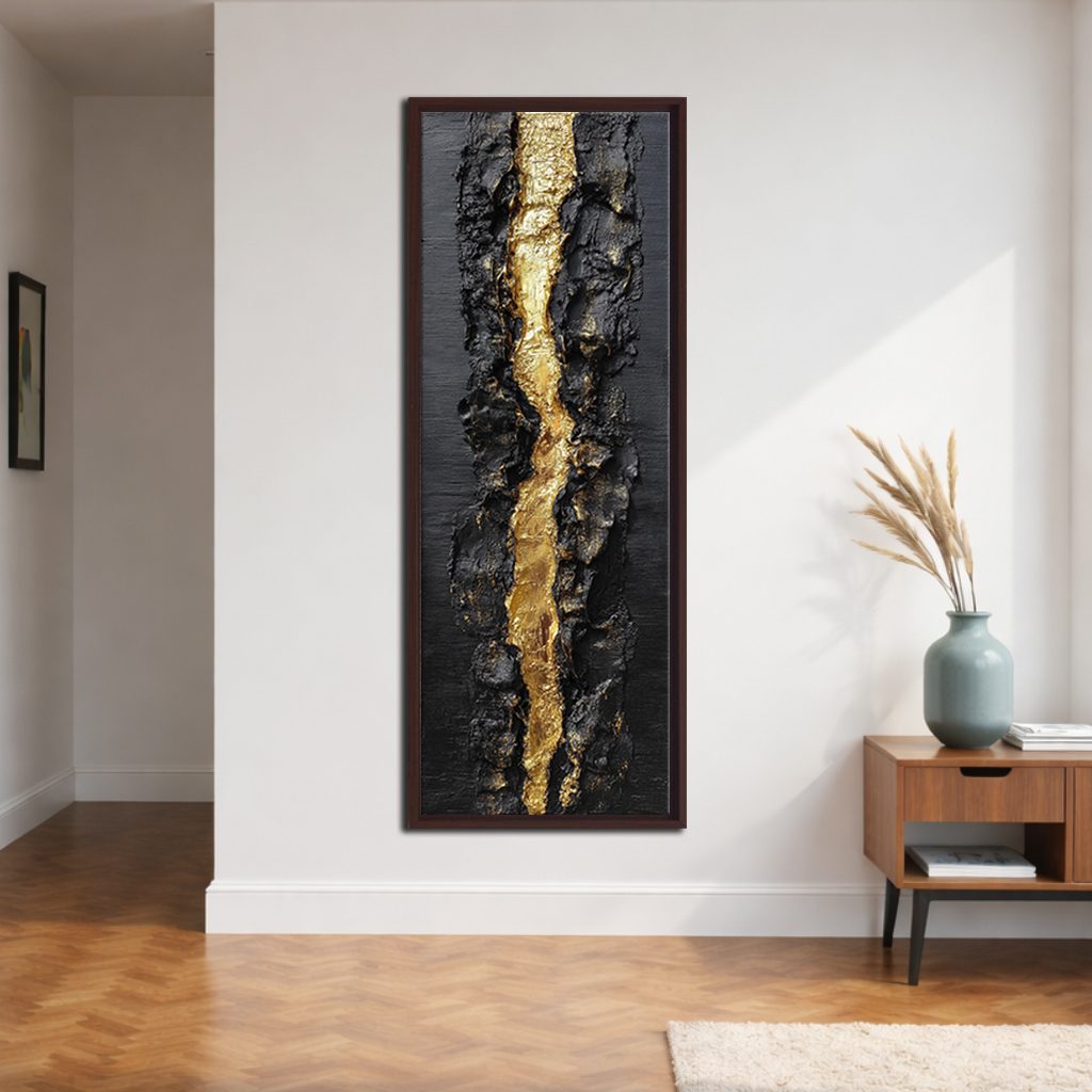 Black and Gold Textured Abstract canvas wall art, walnut floating frame