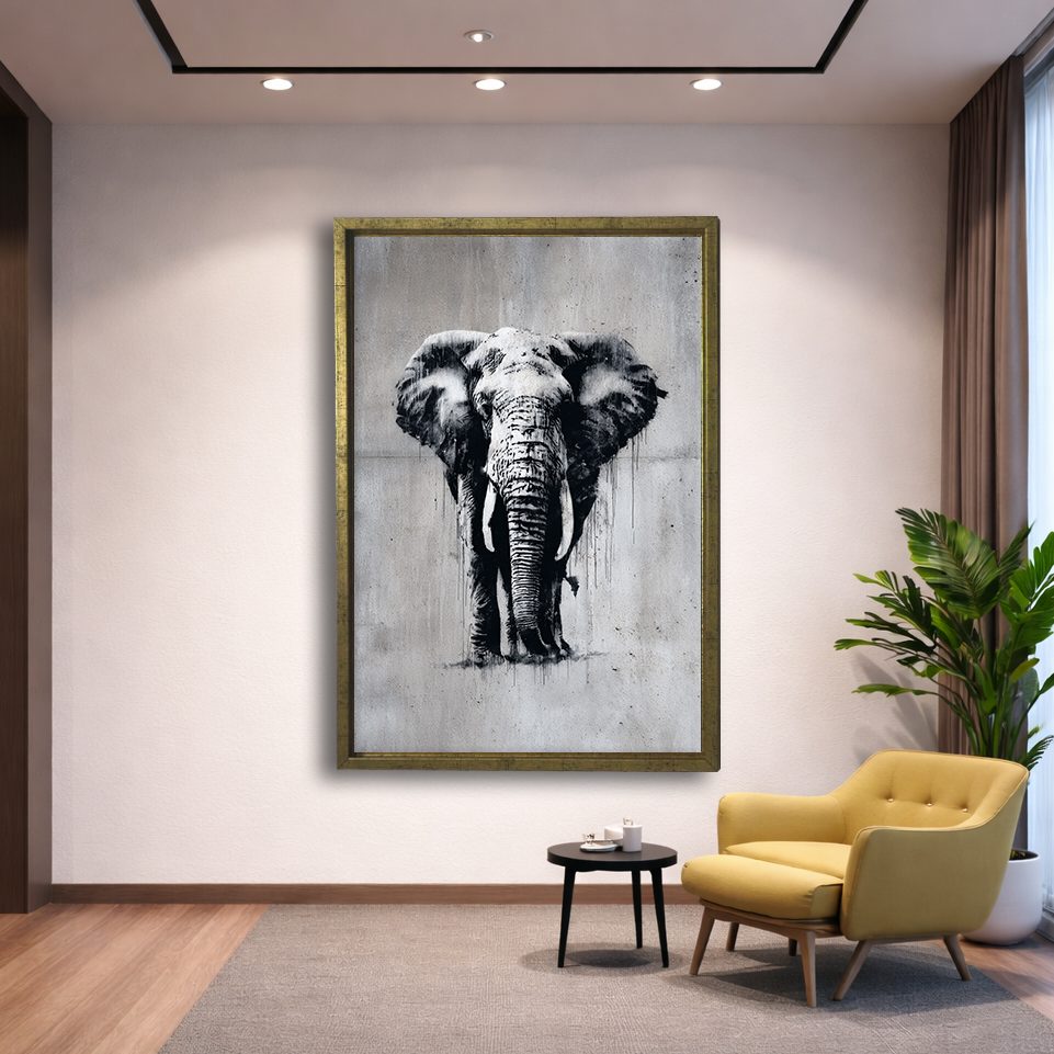 Black and White Elephant Sketch canvas wall art, gold floating frame