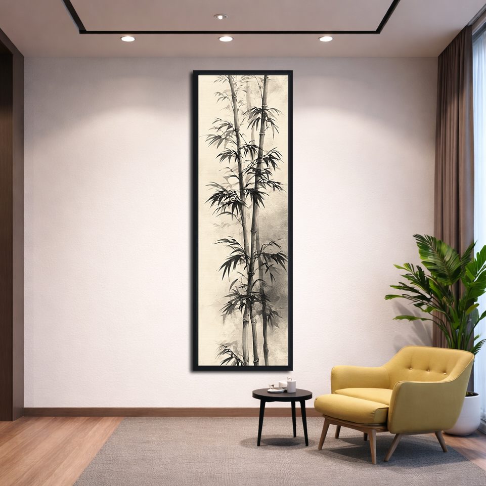 Black Bamboo Ink Painting canvas wall art, black floating frame