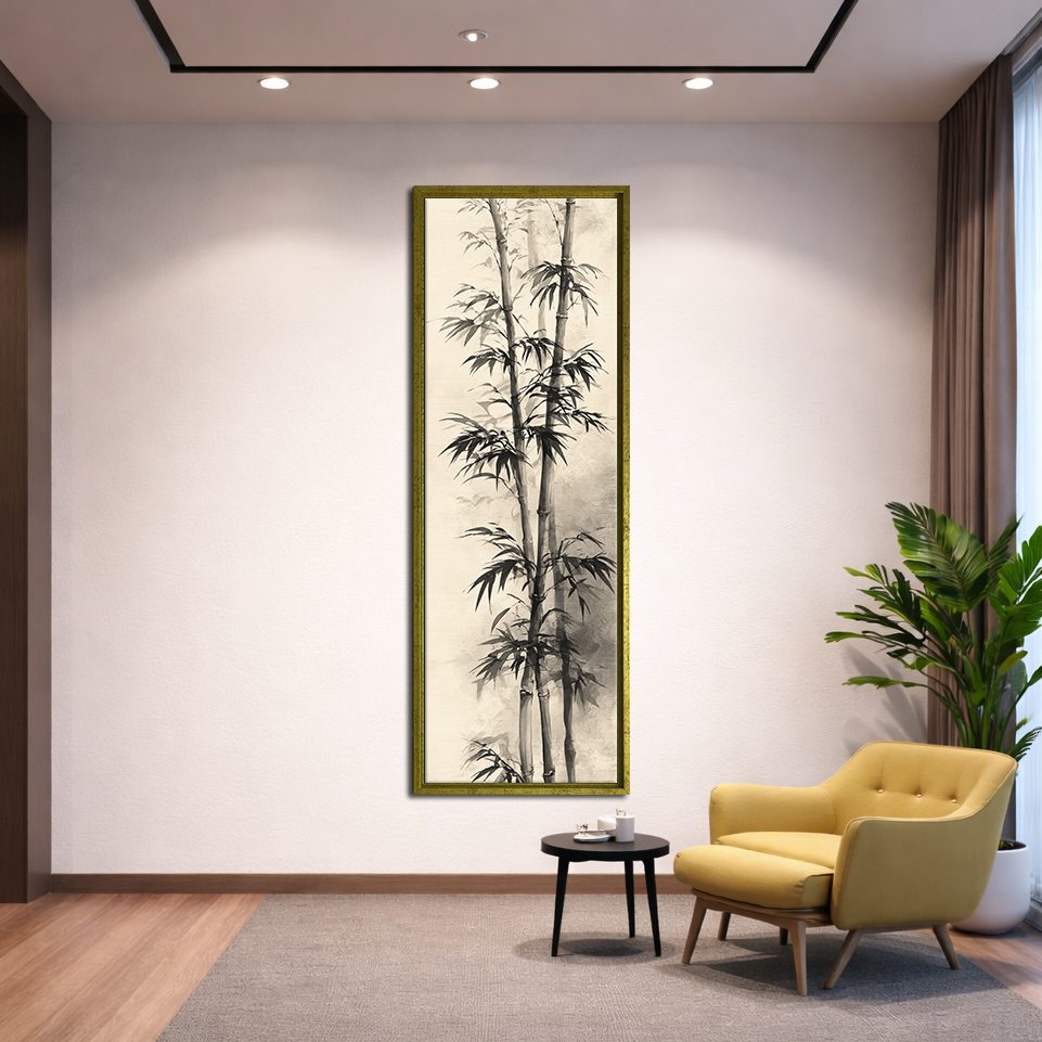 Black Bamboo Ink Painting canvas wall art, gold floating frame