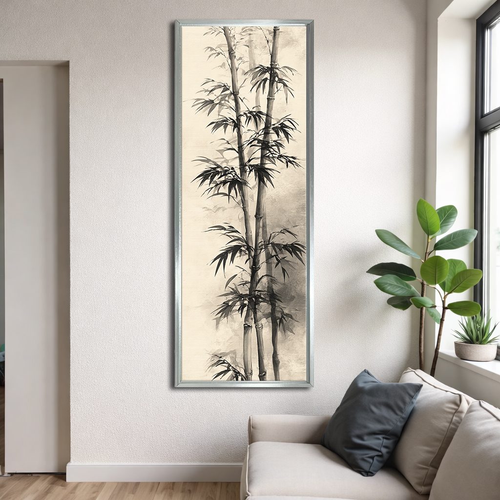 Black Bamboo Ink Painting canvas wall art, silver floating frame
