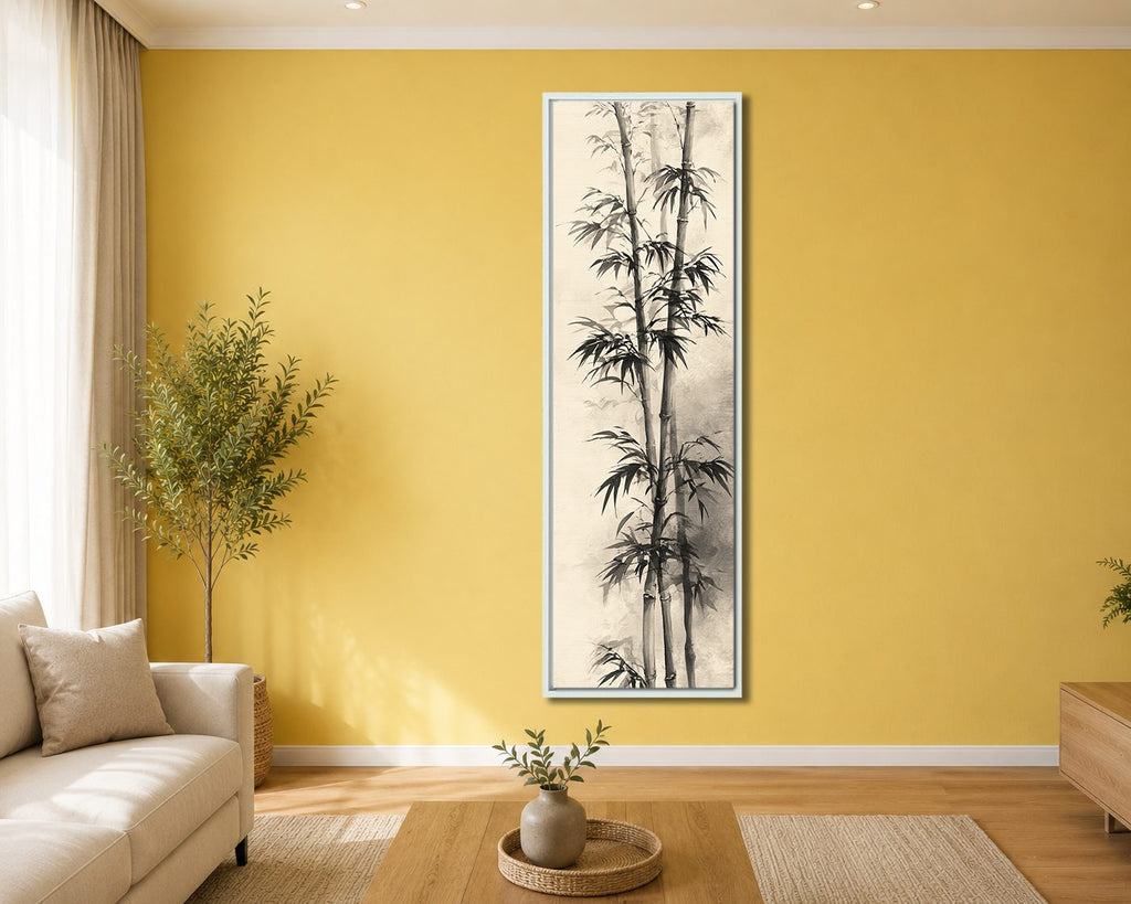 Black Bamboo Ink Painting canvas wall art, white floating frame