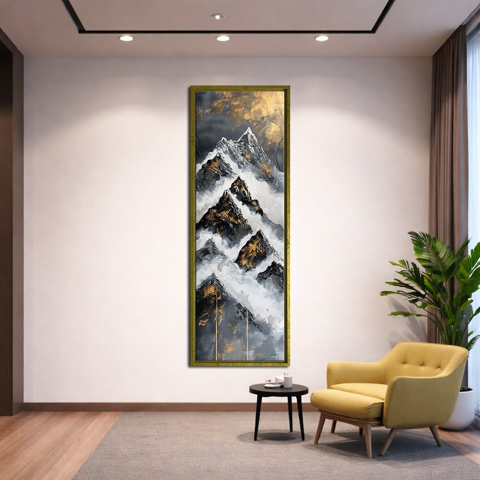 Black, White and Gold Mountain Abstract canvas wall art, gold floating frame