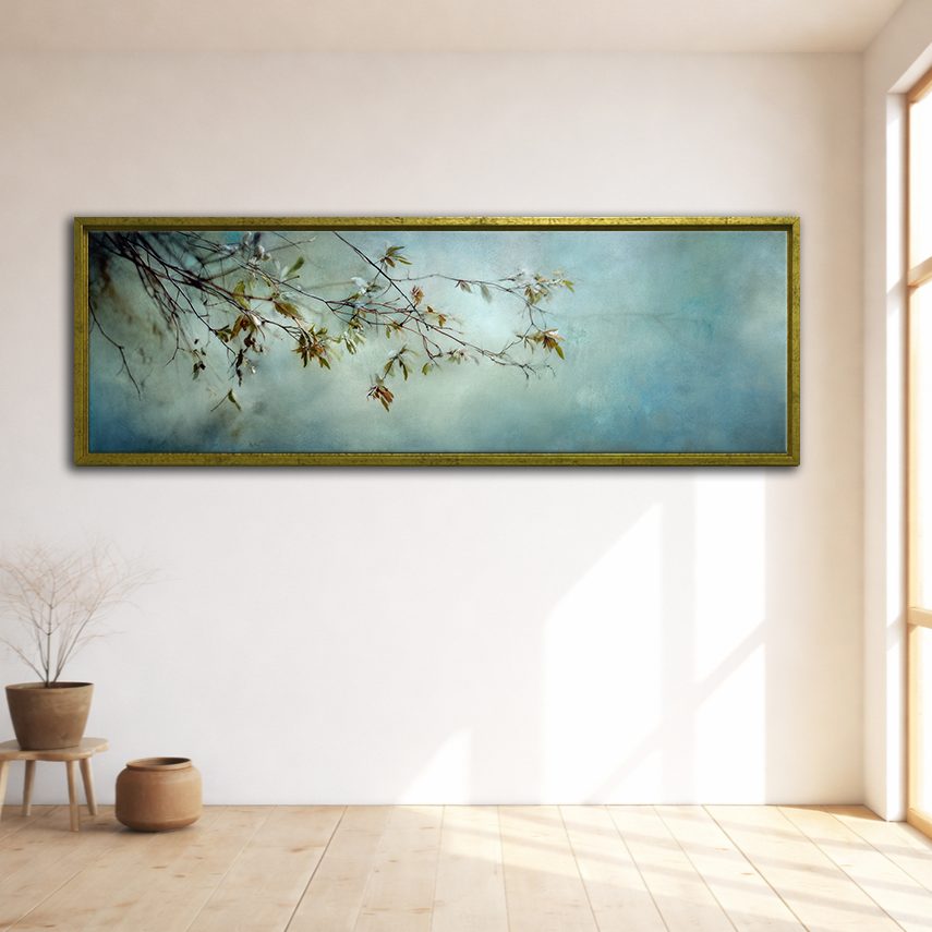 Blossom Branch on Misty Teal canvas wall art, gold floating frame