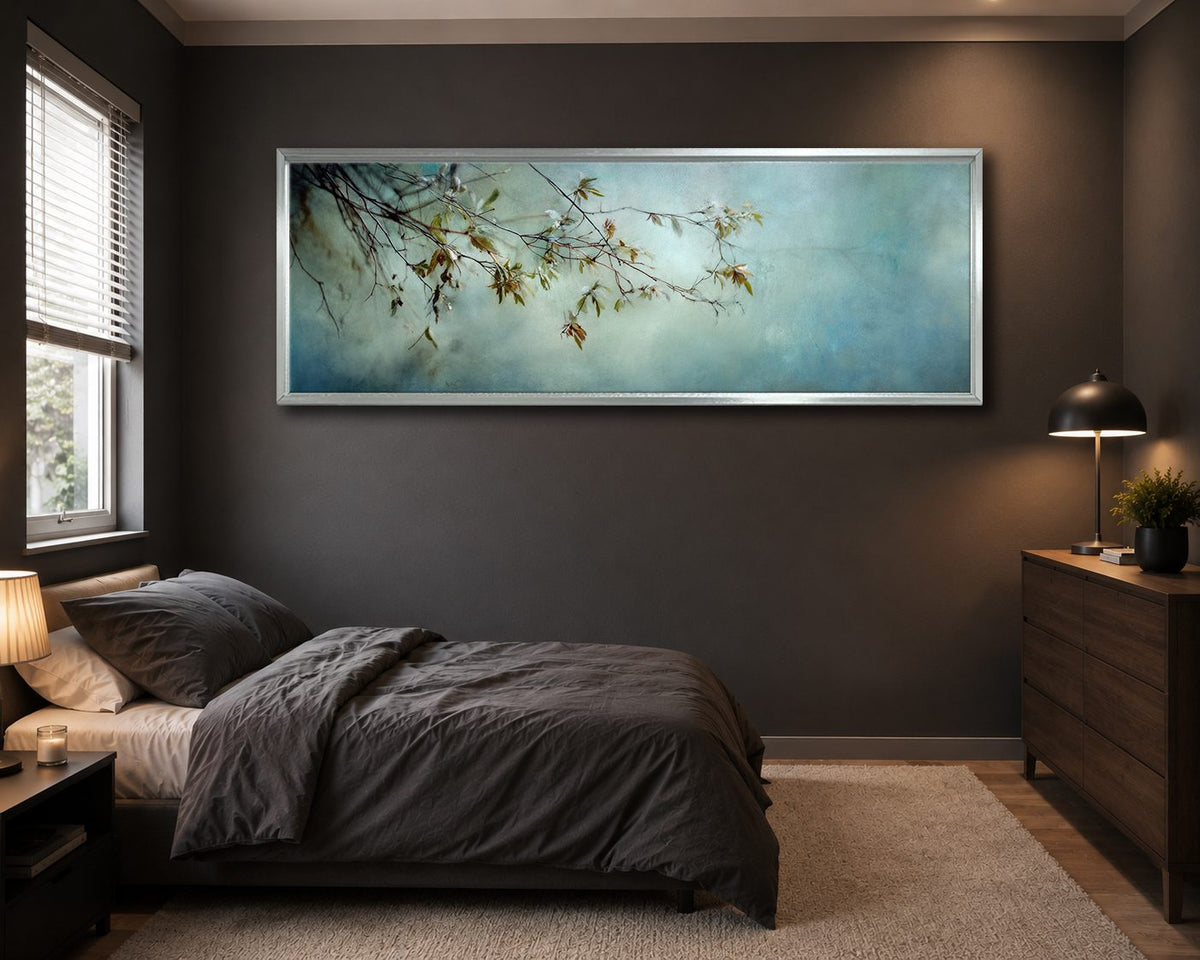 Blossom Branch on Misty Teal canvas wall art, silver floating frame
