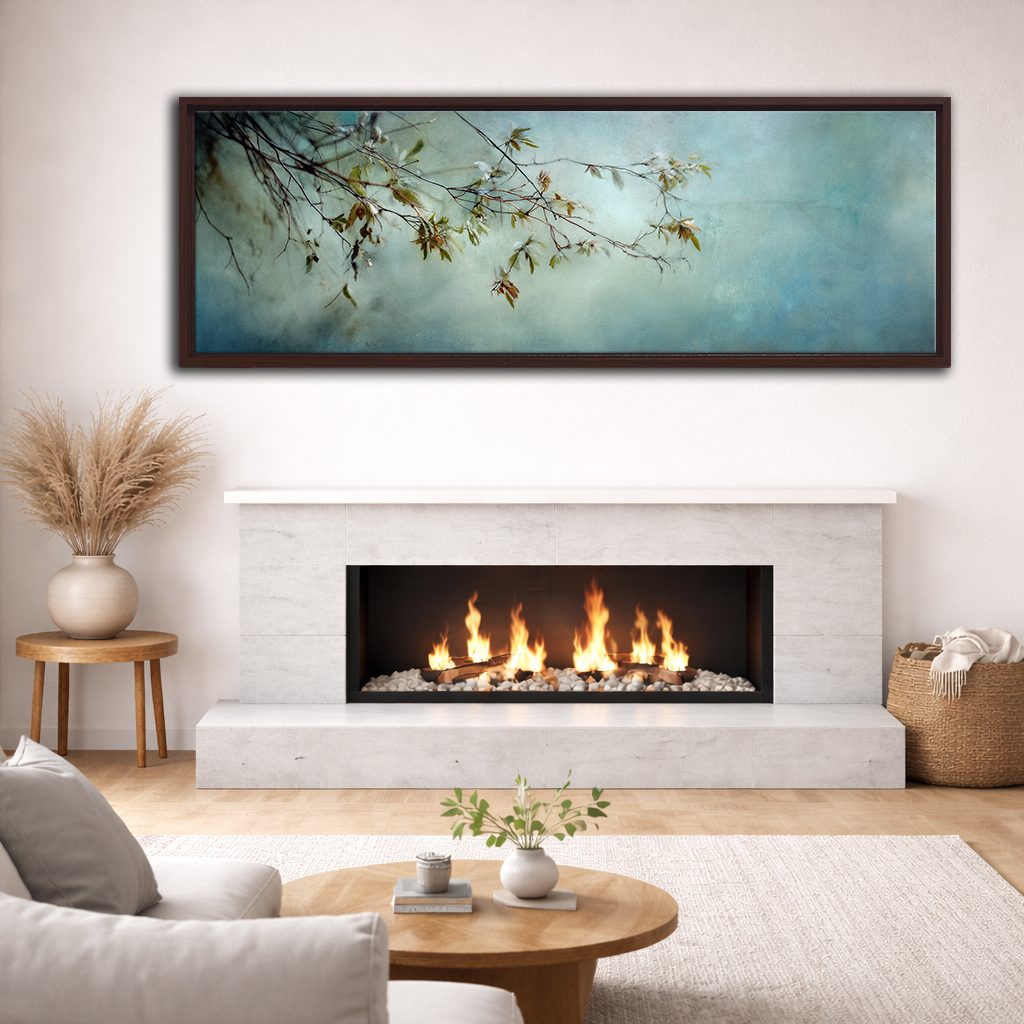 Blossom Branch on Misty Teal canvas wall art, walnut floating frame