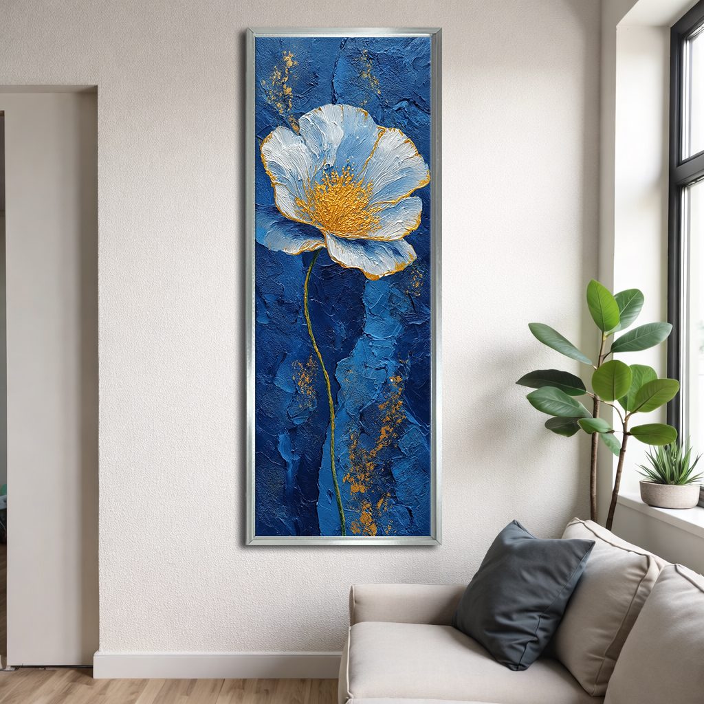 Blue and Gold Textured Flower canvas wall art, silver floating frame