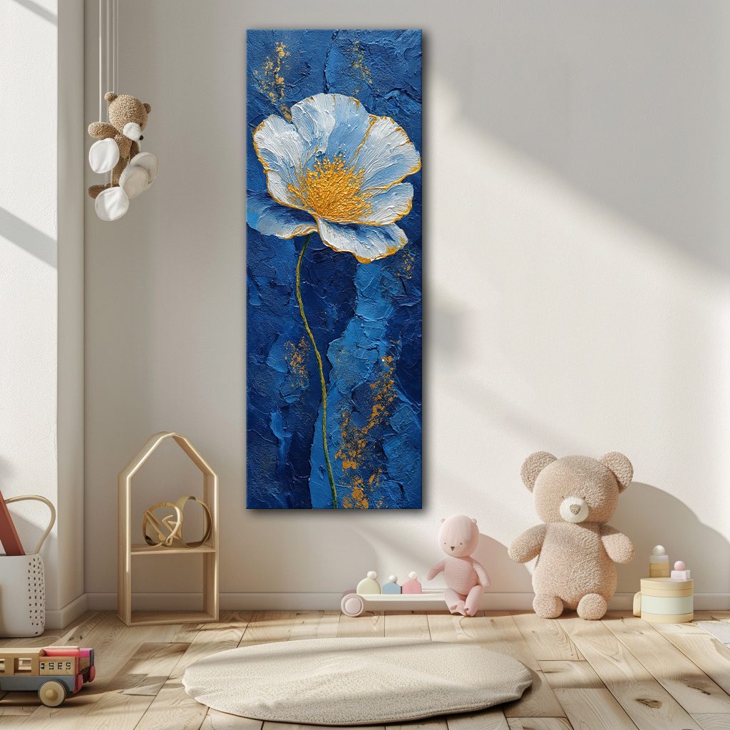 Blue and Gold Textured Flower canvas wall art, unframed canvas