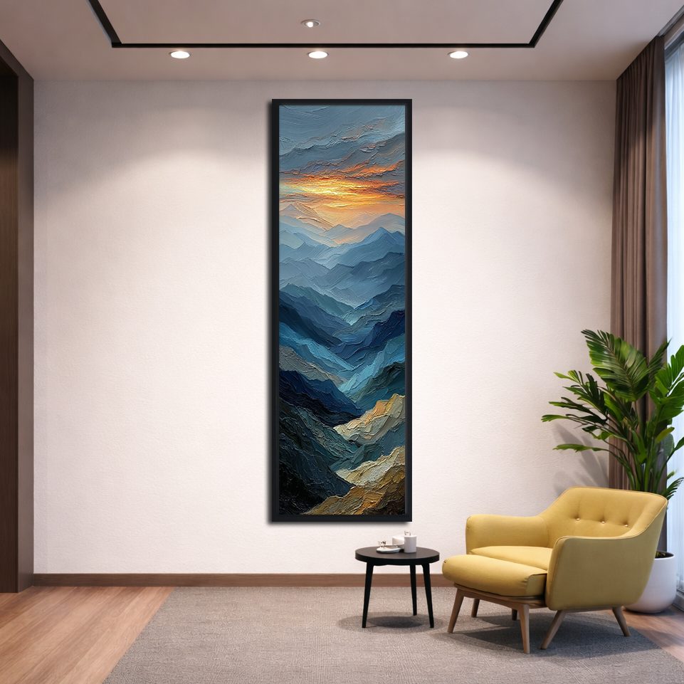 Blue Mountain Layers at Sunset canvas wall art, black floating frame
