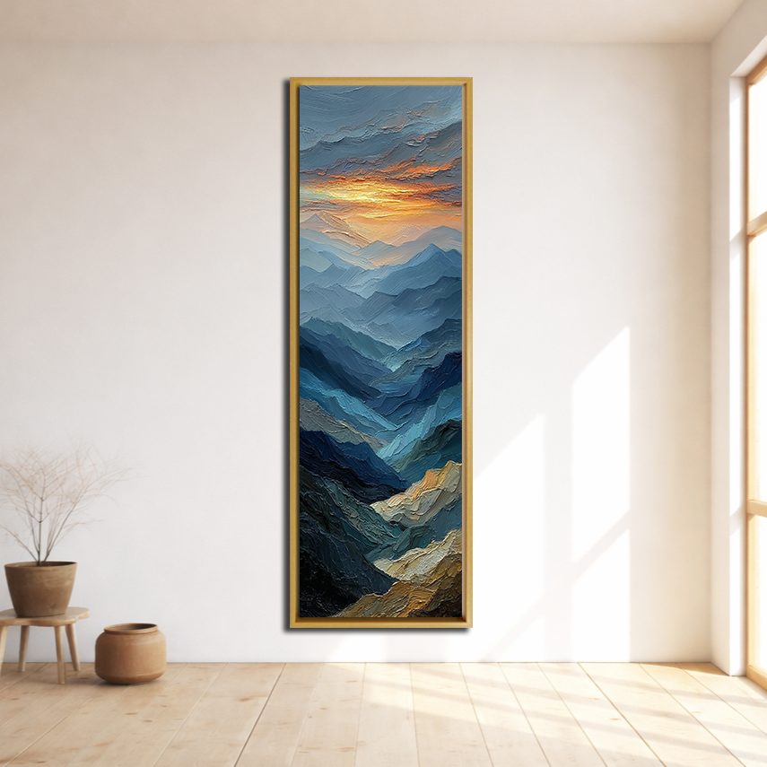 Blue Mountain Layers at Sunset canvas wall art, natural wood floating frame