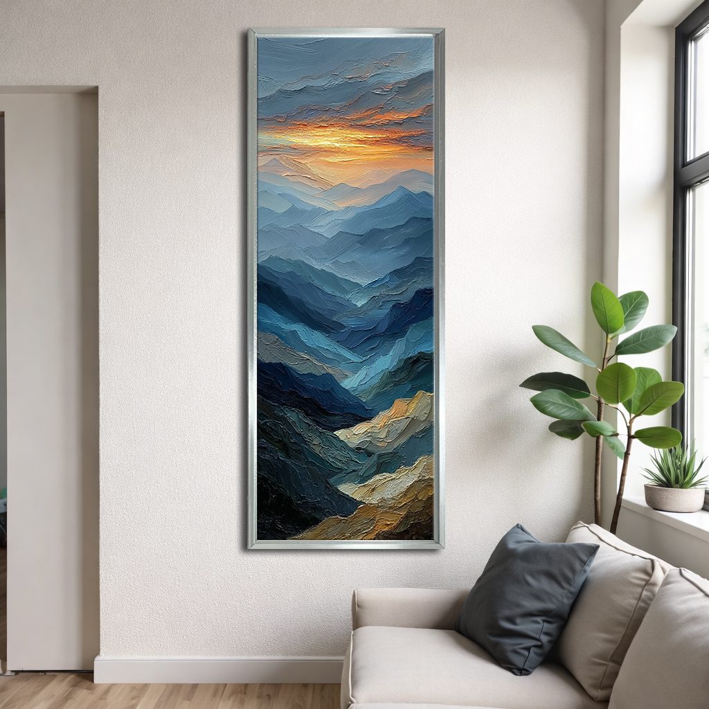 Blue Mountain Layers at Sunset canvas wall art, silver floating frame