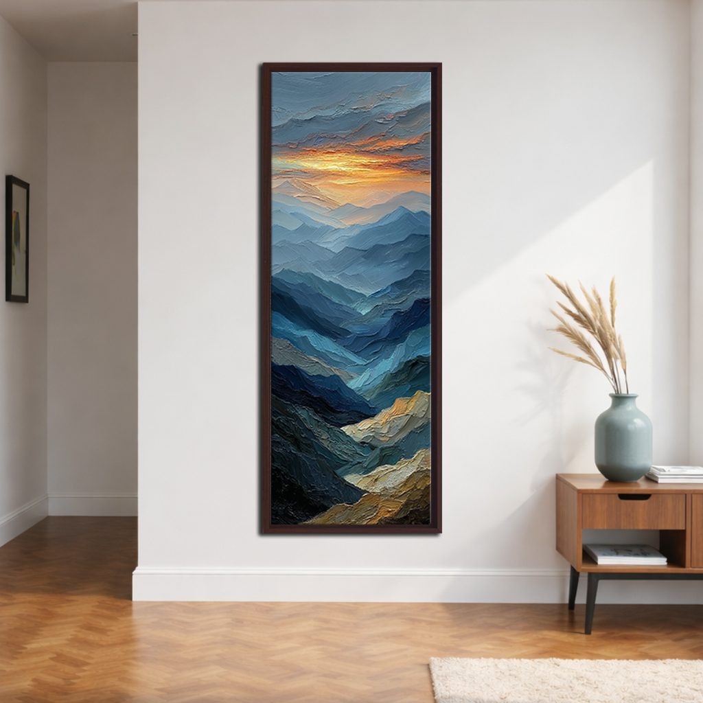 Blue Mountain Layers at Sunset canvas wall art, walnut floating frame