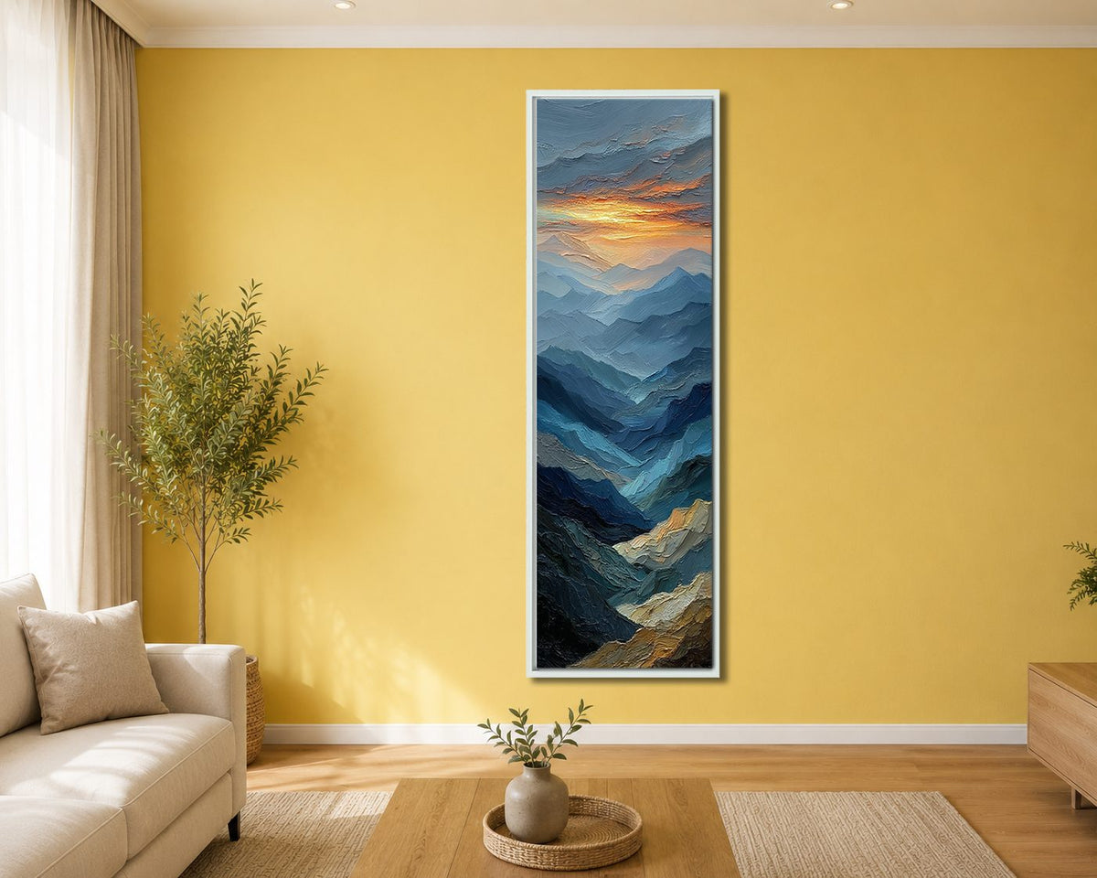 Blue Mountain Layers at Sunset canvas wall art, white floating frame