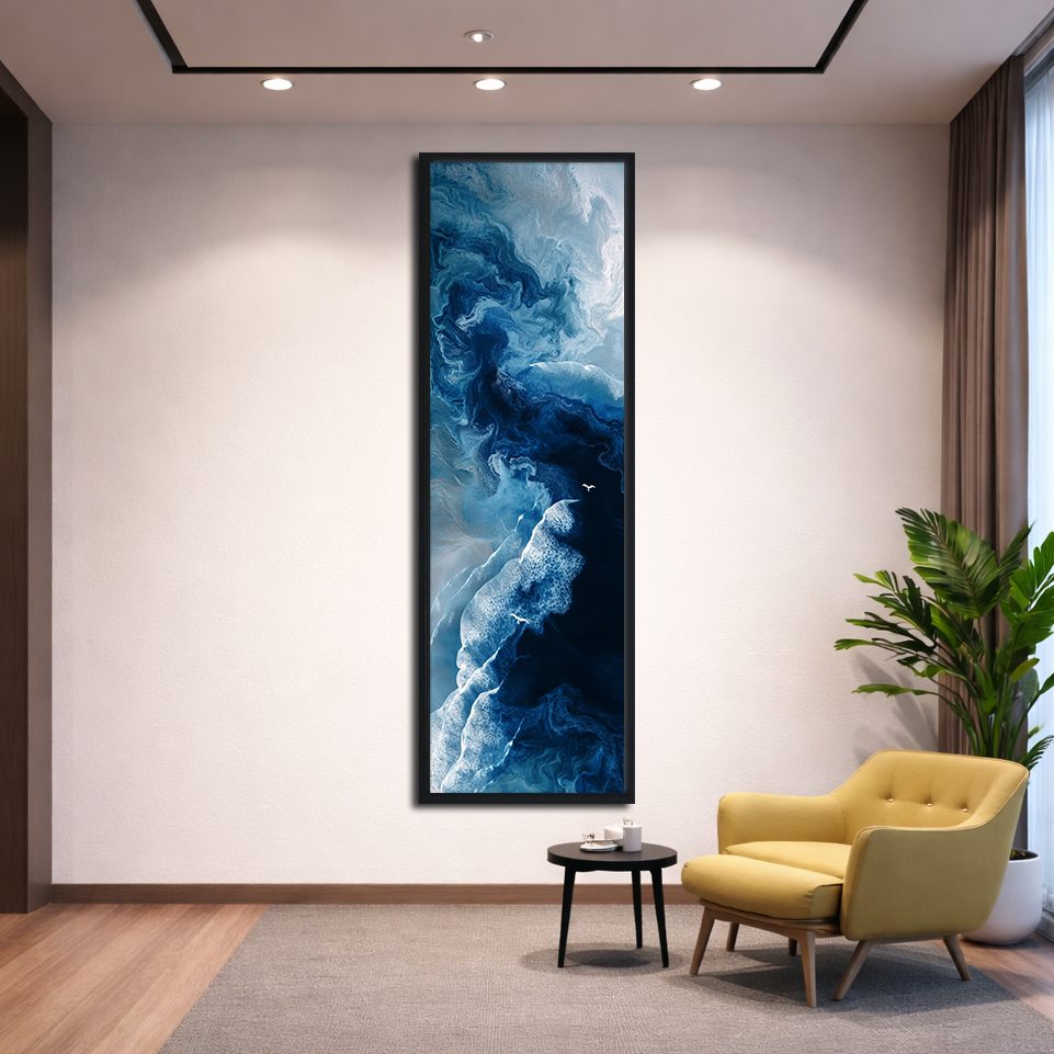Blue Ocean Fluid Abstract canvas wall art, black floating frame